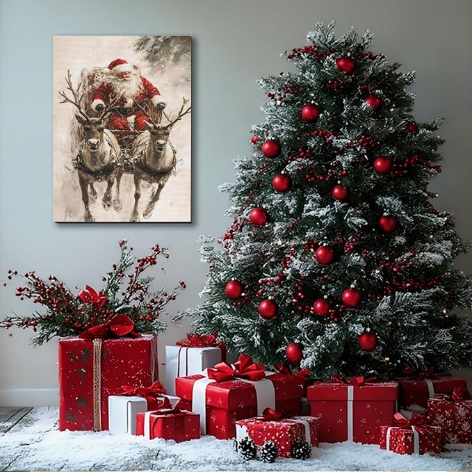 FLZYKGPA Vintage Santa in Sleigh with Reindeer Canvas Art 16x24, Framed Classic Christmas Wall Art for Holiday Decor, Cozy Winter Snow Scene Nature Wall Decor for Living Room Kitchen Office