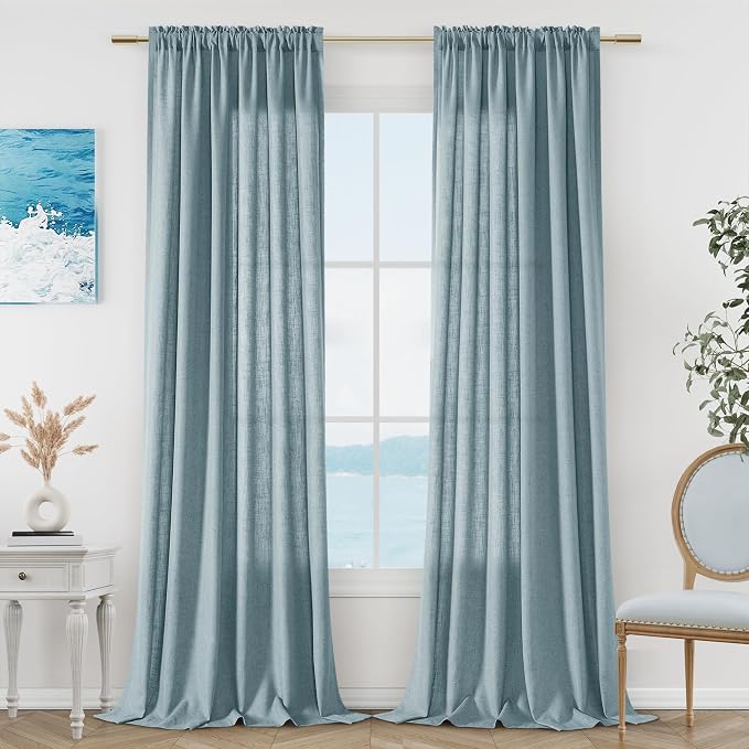 Blue Linen Curtains 120 Inch Length for Living Room Bedroom 2 Panels Set Rod Pocket Light Filtering Semi Sheer Window Curtains 52 Inch Width Boho Farmhouse Linen Drapes Dusty Blue, W52xL120