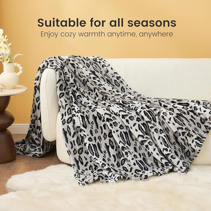 Cozy Bliss Leopard Print Fuzzy Throw Blanket for Couch & Bed, Thick Soft Warm Fleece Blankets for Room Decor, for Girls Kids Women Men, Snow Leopard, Grey 40"*50"