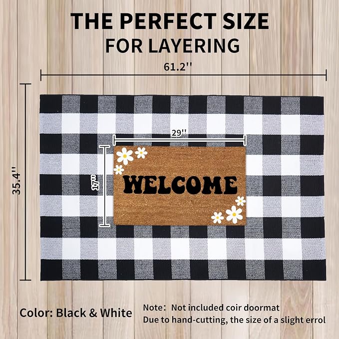 Buffalo Plaid Area Rug 3x5 Ft, Black White Indoor Outdoor Rug | Cotton Blend, Black White Checkered, Machine Washable, Layering Rug, Front Porch Entryway