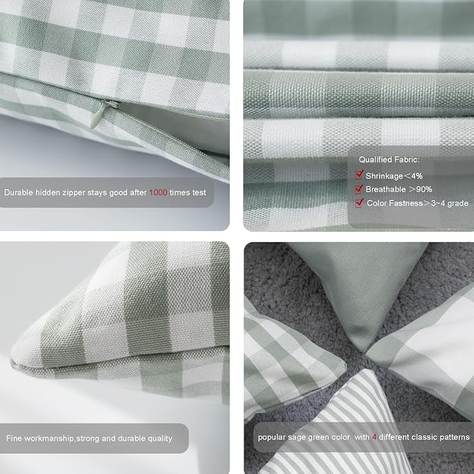 HOPLEE Farmhouse Sage Green Pillow Covers 18x18 Cushion Cover with Buffalo Plaid, Solid Sage Green, Striped and Gingham Plaid Design 18x18 inch,4 Pack