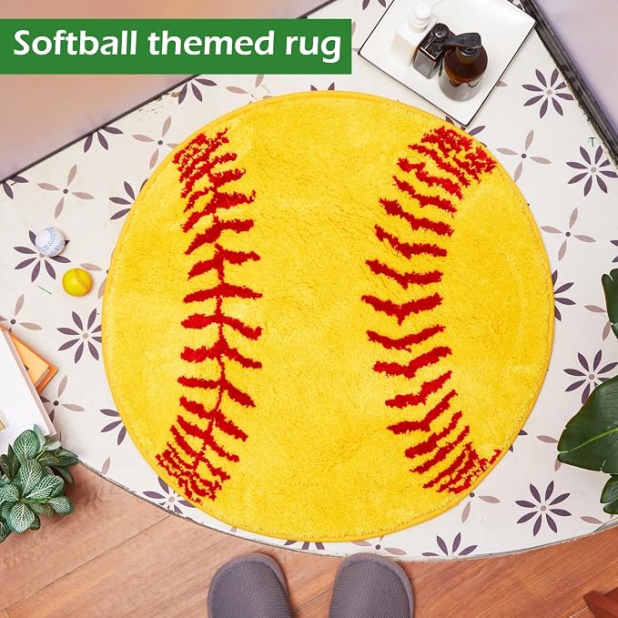 Funtery 25.5" Round Softball Rug for Girls Room Decor, Plush Washable Sports Bath Mat & Non-Slip Absorbent Aesthetic Carpet for Teen Bedroom Bathroom College Dorm Room Back to School Aesthetic Gift