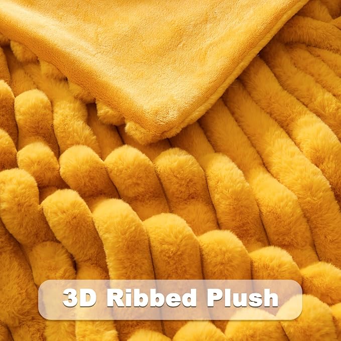 NEWCOSPLAY Faux Fur Ribbed Twin Blanket for Couch, Mustard Yellow, 60"x80" | Plush Soft Thick Warm Blanket for Couch Sofa Bed 850GSM, Fluffy Cozy Luxury Decorative Throw, Gift for Women Men