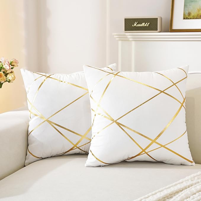 Gyulin Pack of 2,Velvet Cushion Cases Decorative Gold Foil Lines Geometric Pattern Throw Pillow Covers for Modern Homes Couch Sofa Bedroom Living Room 18 x 18 Inches White