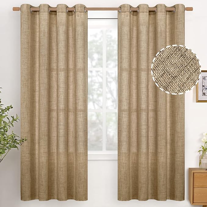 YoungsTex Burlap Linen Curtains 72 Inch Length for Living Room, Toffee Semi Sheer Window Drapes Light Filtering with Bronze Grommet for Bedroom Farmhouse, 2 Panels, 52 X 72 Inch