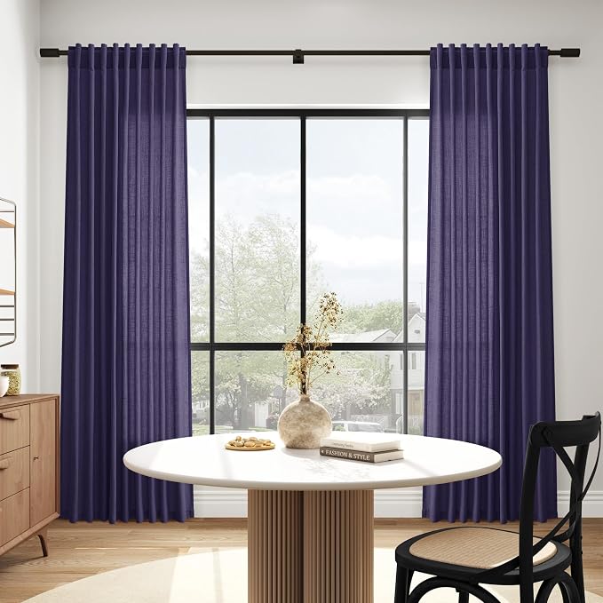 Purple Linen Blend Light Filtering Back Tab Curtains 102 Inches Long, Semi Sheer Privacy Drapes for Living Room & Bedroom, 52x102 inch, 2 Panels