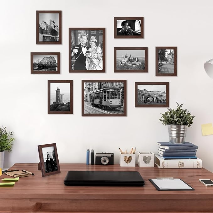 upsimples Picture Frames Set of 10, Including 8x10, 5x7, 4x6 Brown Frame | Multi Picture Frames Collage Wall Decor, Gallery Wall Frame Set, Gift For Christmas, Mothers' day, Wedding, Dorm, Living Room