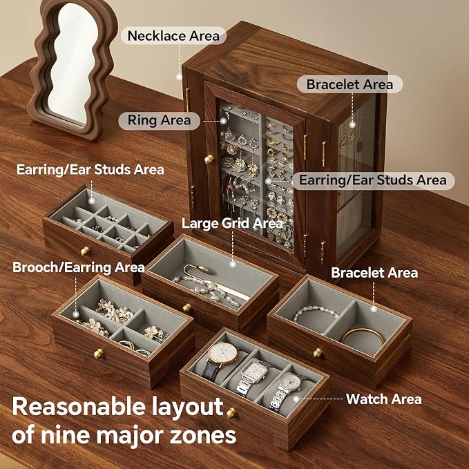 360 Rotating Design Wooden Jewelry Box for Women | Large Jewelry Organizer with Velvet Lining, 5 Drawers, Transparent Glass Doors, Black Walnut Wood Grain