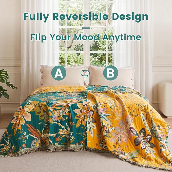 MSGKV Boho Throw Blanket 50"x60" Cotton Summer Floral Blanket for Couch | 100% Cotton Muslin, Floral Throw Blanket, Reversible Weave, Soft & Breathable, Botanical Home Decor, Machine Washable