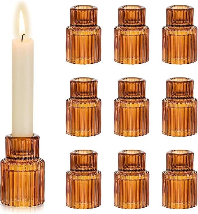 Hewory Glass Candlestick Holders Bulk, 10PCS Amber Taper Candle Holders | For 0.86" Taper Candles, Ribbed, Vintage Candle Sticks Holder Decor, Wedding Table Centerpiece Fall Thanksgiving Home Decor