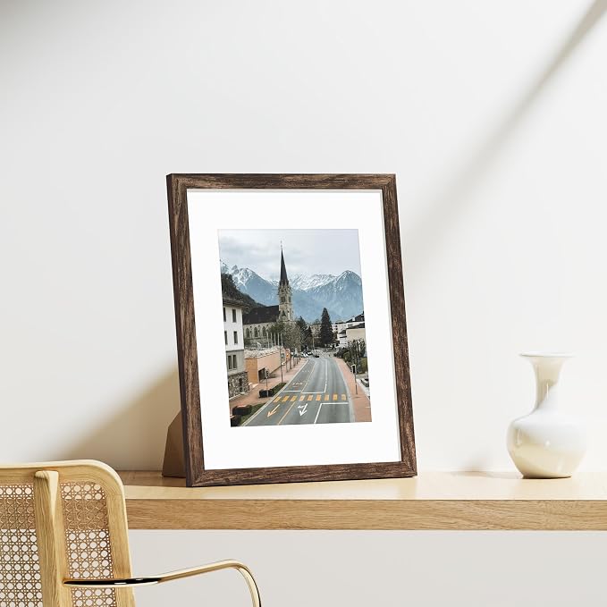 Vittanly 11x14 Picture Frames Set of 9 for Wall Mounting, Brown | Display Pictures 8x10 with Mat or 11x14 without Mat, Engineered Wood with Shatter Resistant Plexiglass, Gallery Photo Frames