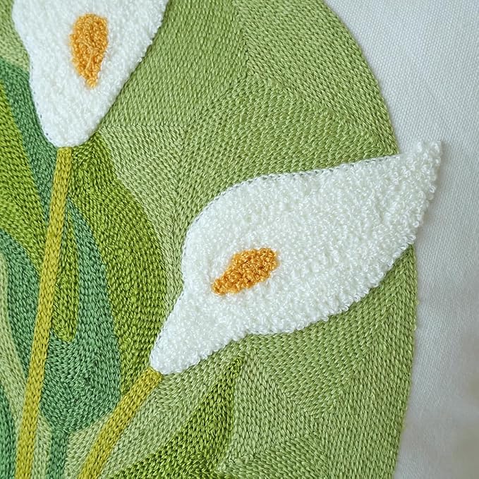 vctops Farmhouse Calla Lily Cotton Tufted Throw Pillow Cover Spring Floral Embroidery Pillowcase Soft Square Cushion Case for Sofa Couch Bed Chair (White C,18"x18")