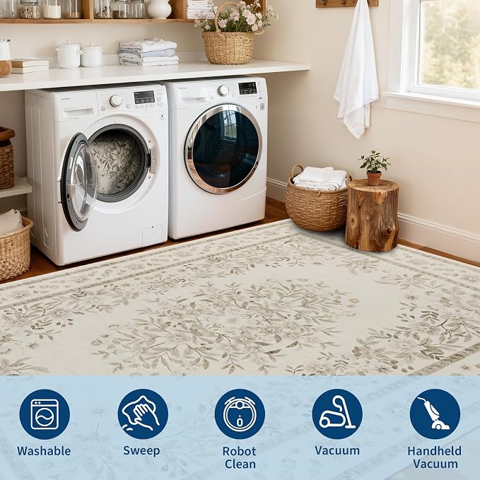 GarveeHome 4ft Round Rug for Bedroom Leaf Flower Bordered Floor Carpets | Vintage Floral Throw Rugs for Nursery Room Machine Washable Non-Slip Low Pile Beige Botanical Area Rug for Laundry Dining