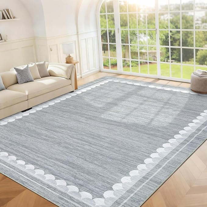 COZYLOOM Bedroom Rugs 9x12 Office Rugs for Rolling Chairs Washable Rug with Non Slip Backing, Modern Solid Non Shedding Low Pile Soft Carpet Stain Resistant Border Mats for Living Room, Bedroom, Grey
