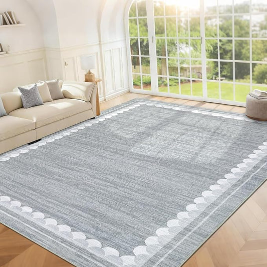 COZYLOOM Bedroom Rugs 9x12 Office Rugs for Rolling Chairs Washable Rug with Non Slip Backing, Modern Solid Non Shedding Low Pile Soft Carpet Stain Resistant Border Mats for Living Room, Bedroom, Grey