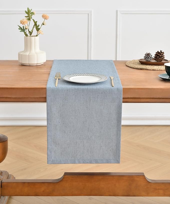 Wracra Linen Table Runner, Burlap Dusty Blue Table Runners 60 Inches Long | Rich Woven Linen Blend Fabric, Machine Washable, Rustic Farmhouse Handcrafted Table Runner for Dresser Dining Table Decor