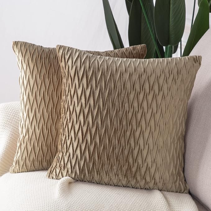 MADIZZ Set of 2 Super Soft Velvet Decorative Throw Pillow Covers 24x24 inch Light Brown Square with Texture Luxury Style Cushion Case European Pillow Shell for Sofa Bedroom