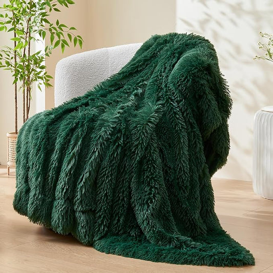 GONAAP Fuzzy Faux Fur Throw Blanket for Couch, Dark Green, 50"x60" | Warm Cozy Plush Shaggy Decorative Reversible Thick Non-Heated Fleece Blanket for Sofa Bed, Gift for Women Men, All Season Use