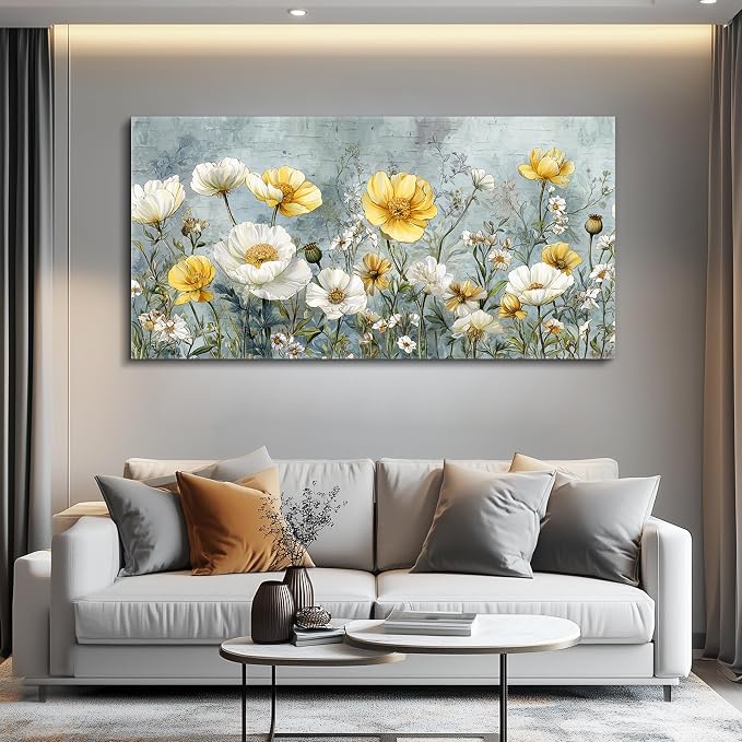 QIYILEXWART Large Wall Decor For Living Room Canvas Wall Art For Office Modern Wall Decorations For Bedroom Yellow White Flowers Landscape Painting Farmhouse Pictures Artwork Room Home Decor 24x48 In