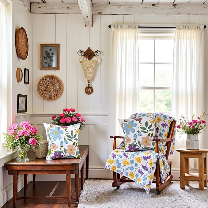 Embroidered Throw Pillow Covers 18x18 Pack of 2 Multicolored Flowers Pillow Covers Farmhouse Pillow Cushion Case Summer Decorative Farm Pillowcases Square Rustic Floral Pillow Case