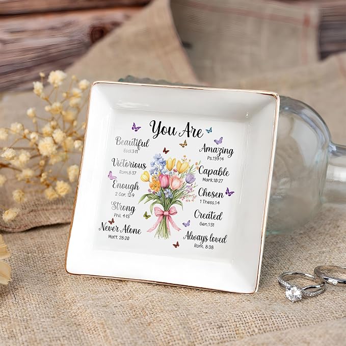 Christian Bible Verse Jewelry Dish, 4" Ceramic Jewelry Tray, Christian GiftS for Women, Birthday, Catholic Gifts for Mom/Grandma, Confirmation Gifts for Daughter