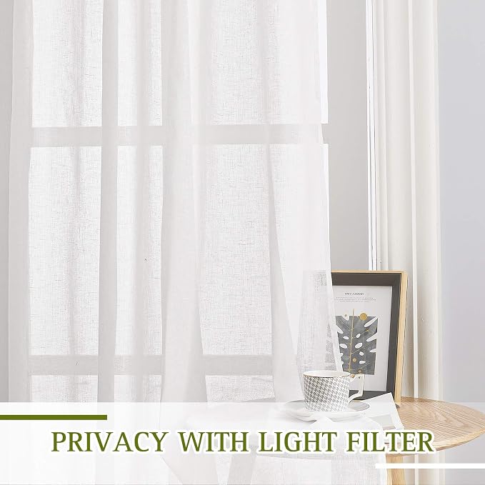 NICETOWN White Linen Curtains 108 inches Extra Long 2 Panels Set, Grommet Open Linen Elegant Privacy Semi Sheer Vertical Drapes for Farmhouse/French Door/Living Room, W52 x L108