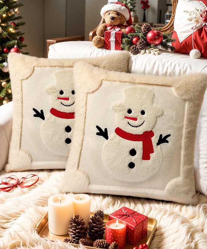 Christmas Pillow Covers Set of 2 Soft Plush Faux Fur Pillow Cases 3D Embroidered Decorative Couch Cover Home Decor Christmas Throw Pillow Covers 18x18,Beige Snowman