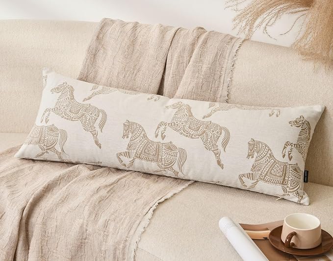 14x36 Lumbar Pillow Cover, Double Sided Horse Pattern Chenille Jacquard Long Body Pillow Covers for Bed Couch Sofa, Decorative Throw Pillows Cushion Cover for Living Room Bedroom