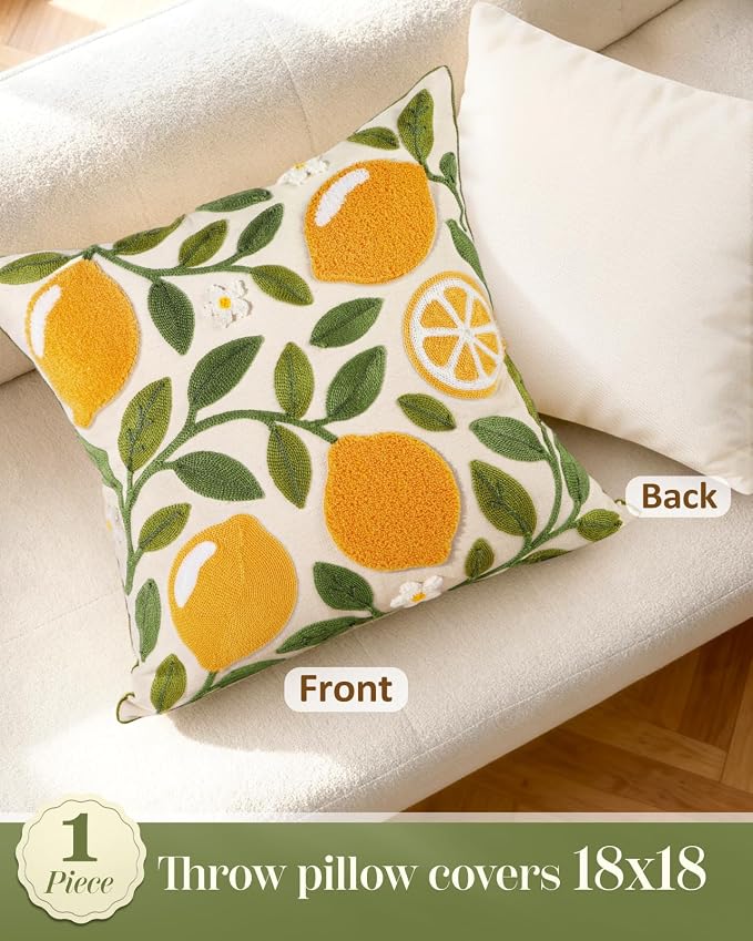 Embroidered Throw Pillow Cover - 18x18 Decorative Pillow Cover with Zipper Aesthetic Cute Design Boho Spring Summer Throw Pillowcase for Living Room Couch Sofa Bed, Branch Lemon