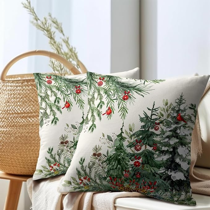 Green Christmas Tree Throw Pillow Covers 16x16 Inch Set of 2 Winter Pine Trees Red Berry Bells Birds Decorative Pillowcase Xmas Holiday Cotton Linen Cushion Cover for Home Sofa Couch Patio