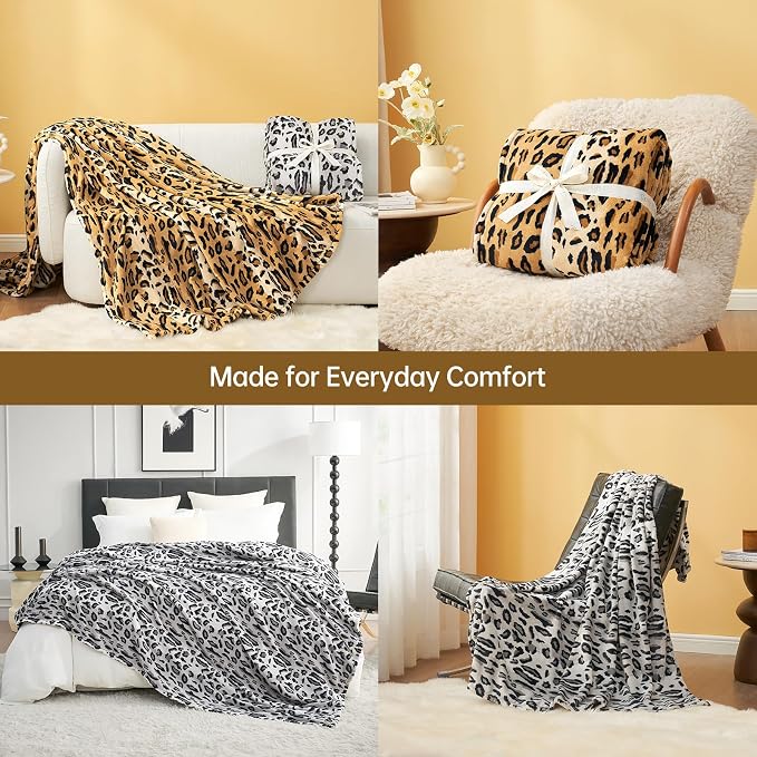 Cozy Bliss Leopard Print Fuzzy Throw Blanket for Bed & Couch, Thick Soft Warm Fleece Blankets for Room Decor, for Girls Kids Women Men, Snow Leopard, Grey 100"*120"