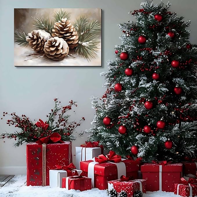 Framed Christmas Wall Decor for Living Room 12x18inch, Vintage Pinecone Still Life Canvas Print, Rustic Winter Snow Scene Pictures Artwork, Farmhouse Season Wall Art for Home Decor