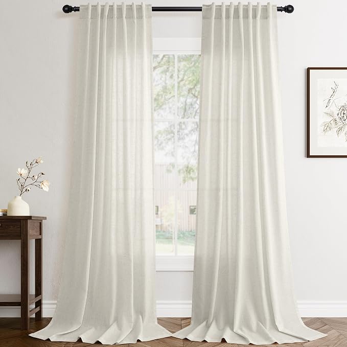 Jowels Warm Beige Linen Curtains 84 Inch Long 2 Panels for Living Room | Light Filtering Semi Sheer Curtain, Back Tab Pocket Pleated Look, Boho Farmhouse Textured Privacy Drapes for Bedroom Window