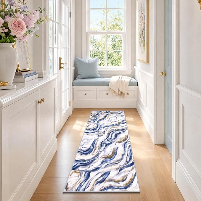 Yamaziot 2x5 Washable Modern Abstract Runner Rug Non-Slip for Hallways | Stain Resistant Kitchen Rug with Rubber Backing, Low Pile, Ultra Soft Carpet Runner for Bedroom, Laundry, Entrance,Blue