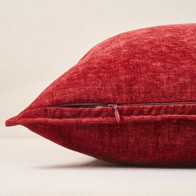 JUSPURBET 22x22 Chenille Decorative Throw Pillow Covers Set of 2,Red | ﻿Cozy Soft Cushion Cover Case with Hidden Zipper for Couch Sofa Bed Living Room Home Decor Christmas