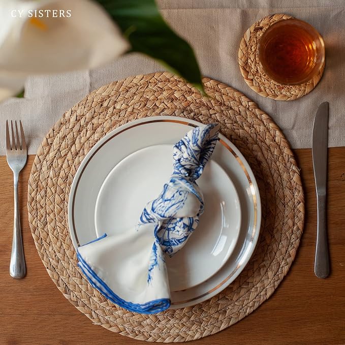 Round Woven Placemats Set of 4, Natural Water Hyacinth Place mats, 13.5 Inch Rattan Placemats Wicker Placemats Farmhouse Boho Braided Heat Resistant Outdoor Placemat Patio Table Place Mats