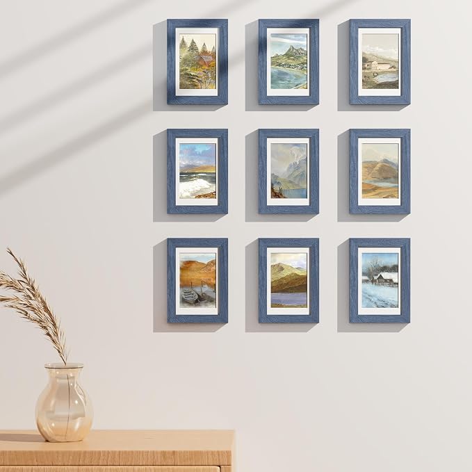 Vittanly 4x6 Picture Frames Set of 9 for Wall or Tabletop Display, Navy | Display Pictures 3.5x5 with Mat or 4x6 without Mat, Small Photo Frames, Engineered Wood with Shatter Resistant Plexiglass