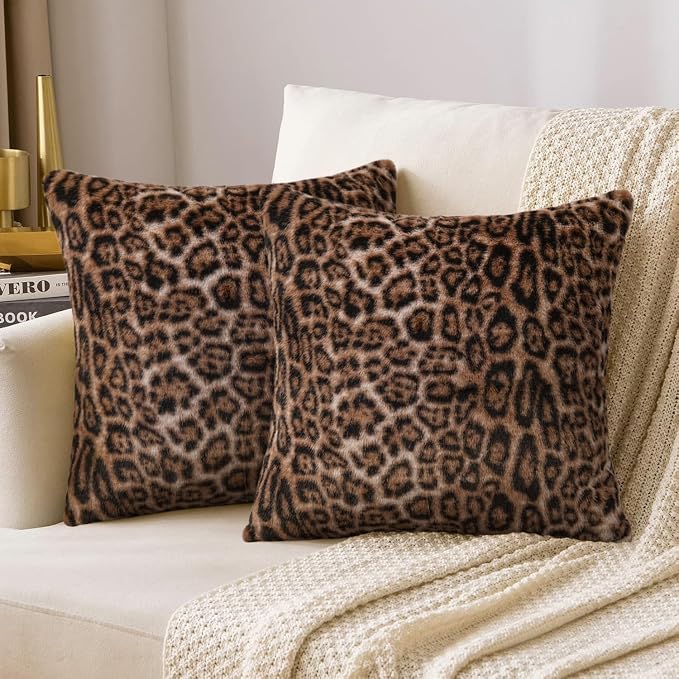 cygnus Faux Fur Cheetah Print Pillow Covers 20x20 inch | Set of 2 Leopard Couch Pillowcase ,Fluffy Fuzzy Decorative Square Throw Pillows, for Couch Sofa Living Room Bedroom Decor