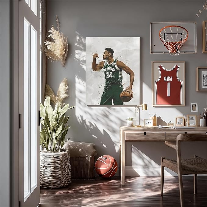 Giannis Antetokounmpo Basketball Canvas Wall Art, Sports Player Poster | Abstract splash ink athletic artwork, motivational sports wall decor for teen boys room, bedroom, living room, gym or office