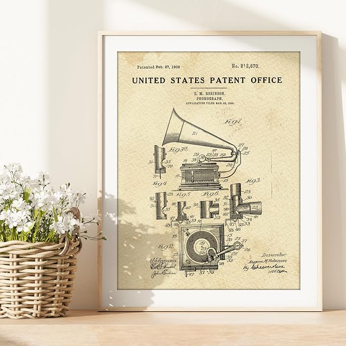 Phonograph Patent Print Wall Art - Unframed - 8x10 | Record Player | Classic Record Player Design | Perfect for Music Enthusiasts and Retro Décor Lovers | Elegant Home or Office Artwork