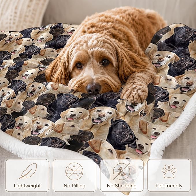 BlessLiving Throw Blanket, Dog Black Animal Puppy, 60x80 in | sherpa fleece fabric, Labrador Retriever Dense Golden Pet Blankets print, for couch or sofa, pet lovers, easy machine care