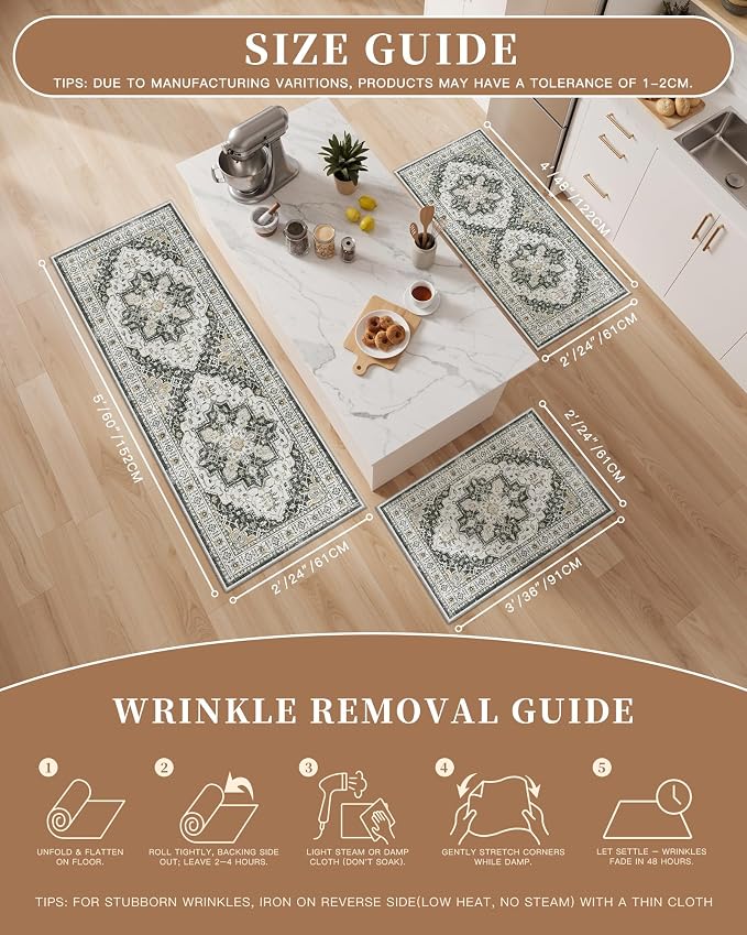 Madane Washable Kitchen Rug Set of 3 Small Area Rugs Non-Slip, Black | Vintage Hallway Entryway Door Mat Indoor Entrance Low Pile Floor Carpet Runner for Inside Front Entry Laundry 2x3+2x4+2x5