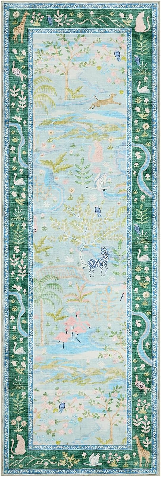 2x6 Hallway Runner Rug Non Slip Forest Nursery Runners Washable Stain Resistant Fairy Tale Whimsical Long Runner Carpets Girls Room Blue Safari Animal Rugs for Living Room Kitchen Bedroom, Teal/Blue