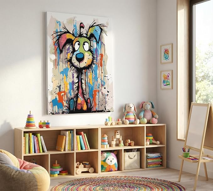 Colorful Graffiti Cartoon Dog Wall Art Fun Animals Wall Decor Picture | Vibrant Playful and Fun Cartoon Style Puppy Canvas Printing for Living Room Bedroom Artwork Home Decoration