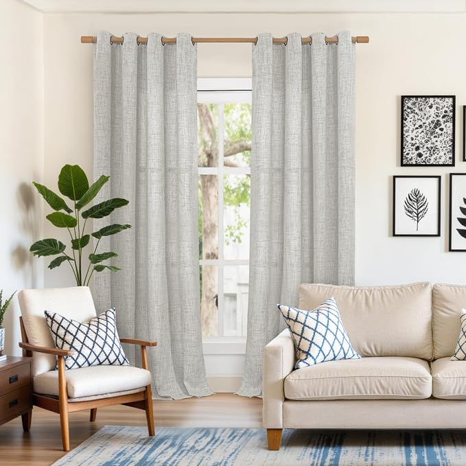 YoungsTex Extra Long Linen Curtains 95 Inch Length for Living Room, Light Grey Semi Sheer Drapes with Bronze Grommet Light Filtering for Dining Bedroom, 2 Panels, 52 X 95 Inch