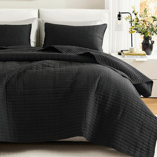 Comfort Spaces Kienna Queen Quilt Bedding Set 3 Piece, 90"x90" Black | Soft Cozy Lightweight Summer Coverlet Full Size, Quilted Bedspreads Extra Layer, Modern Casual Bedroom Decor, OEKO-TEX