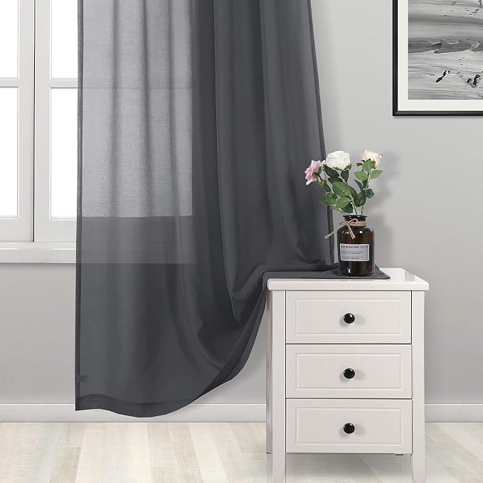 DWCN Semi Sheer Curtains, Grommet Top Window Drapes for Bedroom Living Room, Faux Linen Look Voile Transparent Solid Sheer Curtains Set of 2 Panels 52 x 95 Inches Long, Dark Grey