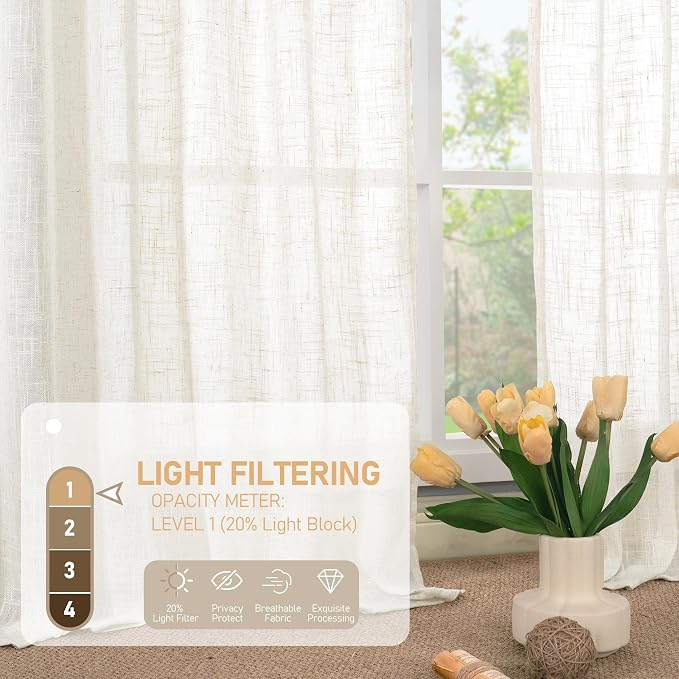 Extra Wide Linen Curtains for Bedroom Living Room 60 x 84 Inch | Cream, Light Filtering, Faux Linen Textured, Semi Sheer Panels for French Door, Dining Room Rod Pocket Back Tab, 2 Panels