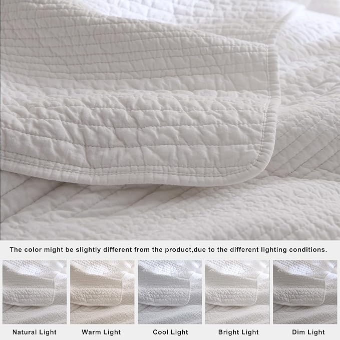 palassio Striped White 100% Cotton Quilt Twin Size Bedding Sets, Lightweight Crinkly Channel Pick Stitch Textured Bedspread Soft Shabby Chic Farmhouse Country Coverlet for All Season, 1 Sham