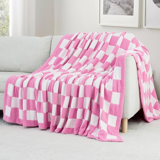 Carriediosa Checkered Throw Blanket 90x90, 400GSM Ultra Soft Microfiber | Hot Pink, Queen, Fuzzy Fluffy Cozy Plush Knitted Plaid Checker, Lightweight Cute Preppy Fall Blankets & Throws for Couch, Bed